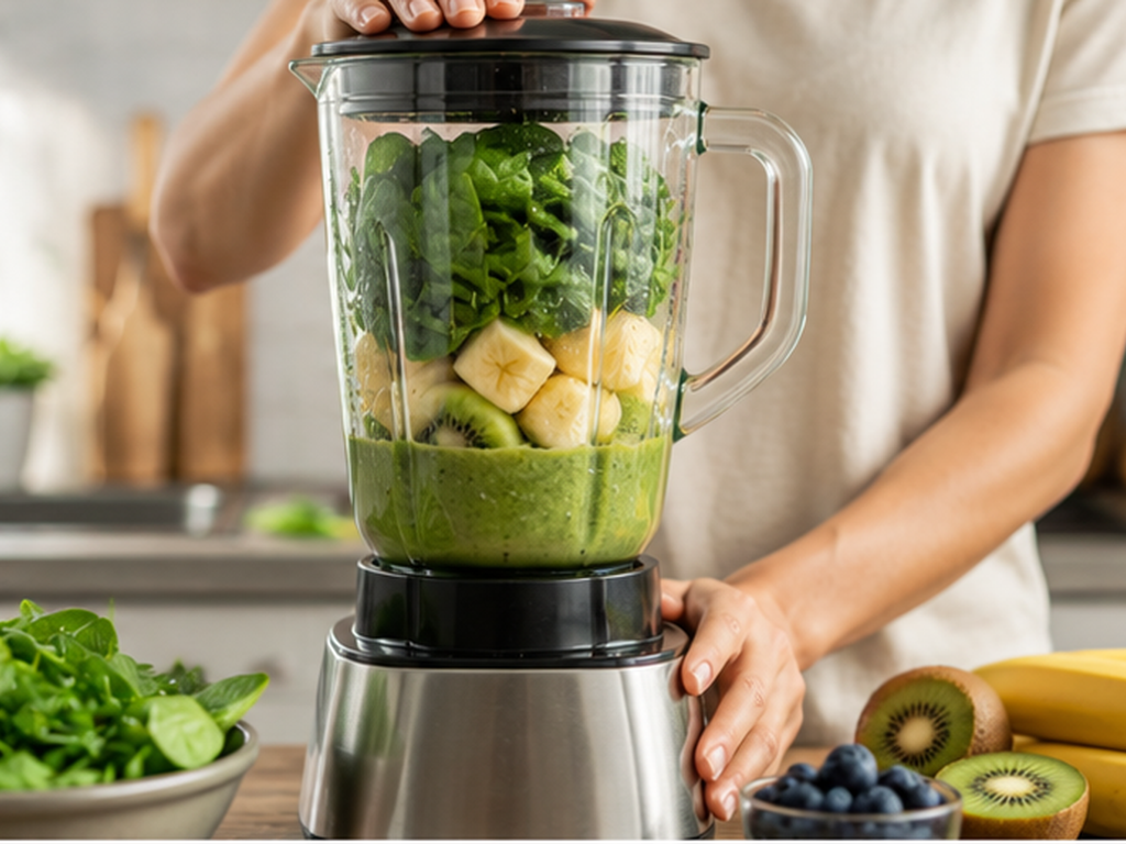 Person blending a green detox smoothie with fresh spinach and fruit in the kitchen