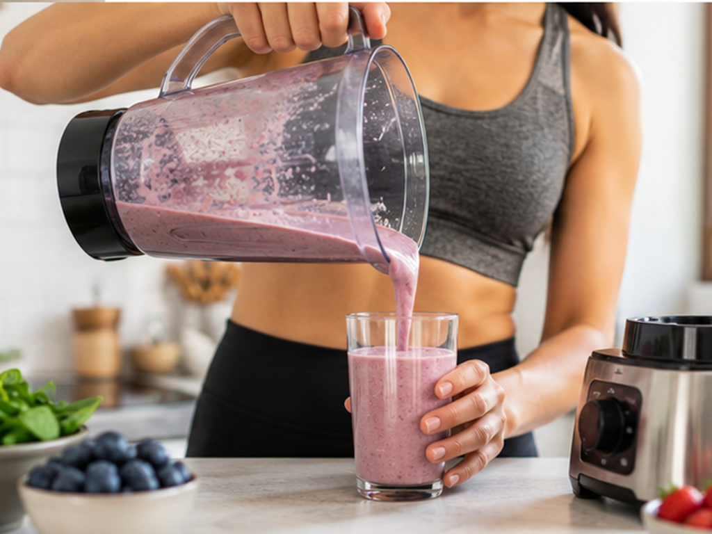 Person pouring a fresh smoothie into a glass in a bright kitchen