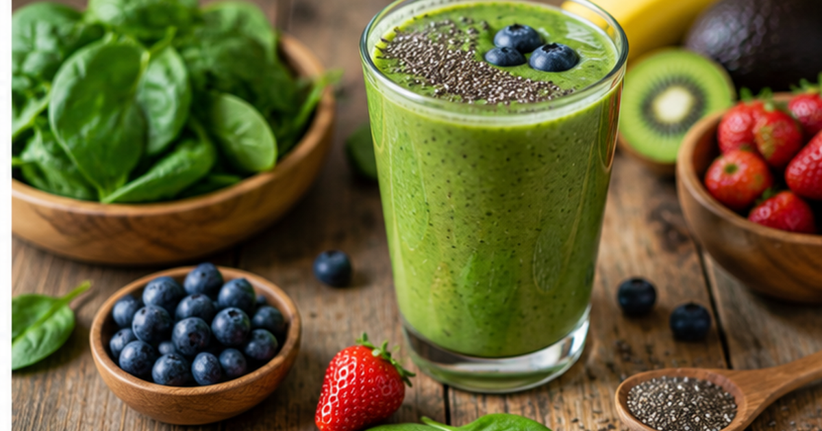 Green detox smoothie with spinach, berries, and chia seeds on a wooden table