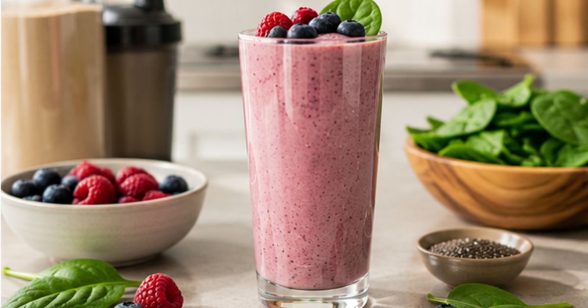 Protein smoothie with berries and spinach in a glass on a kitchen counter